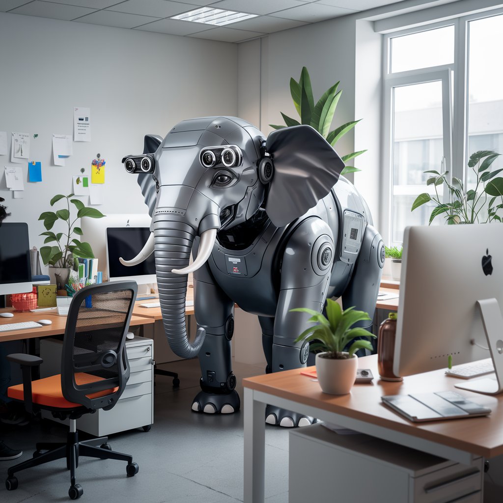 <p>A robot elephant stands conspicuously in a deserted office space.&nbsp; Image created using AI.</p>
