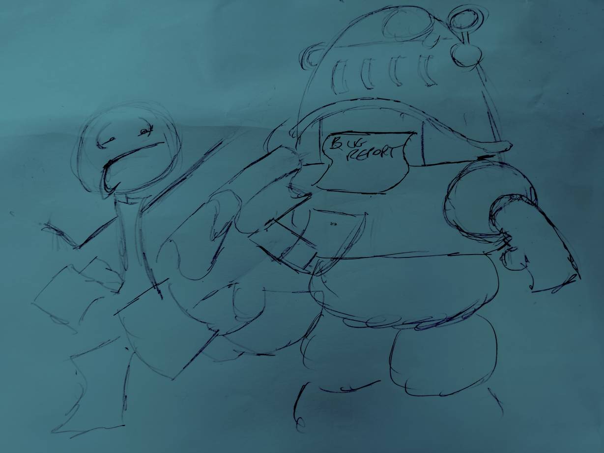 <p>Programmer being buried under a mountain of bug reports pouring forth from Robbie the Robot</p>