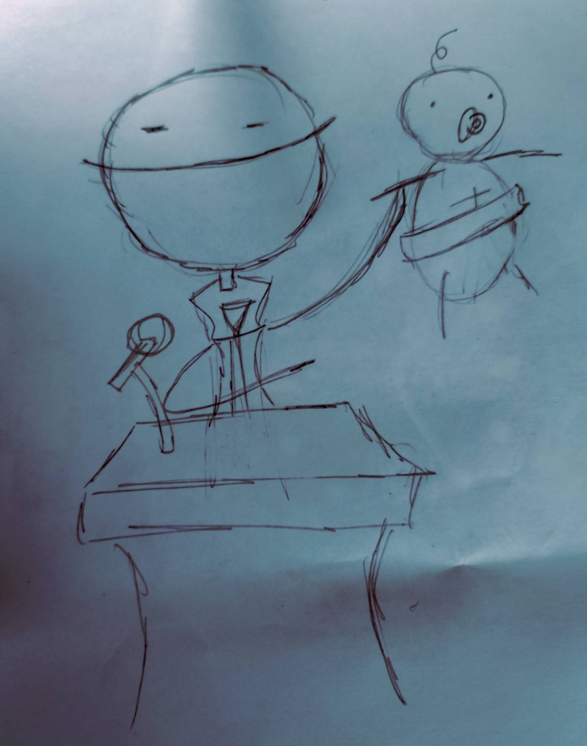 <p>Politician holds up a baby as a political football</p>